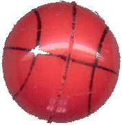 Balón rojo con rayas como planeta Mercurio y gravedad de la energía cinética.