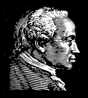 Immanuel Kant en blanco y negro y fondo negro.