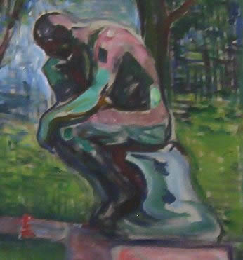 Illustrazione del pensatore di Rodin principalmente nei toni del verde.