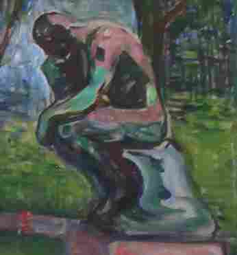 Ilustração do Pensador de Rodin principalmente em tons de verde.